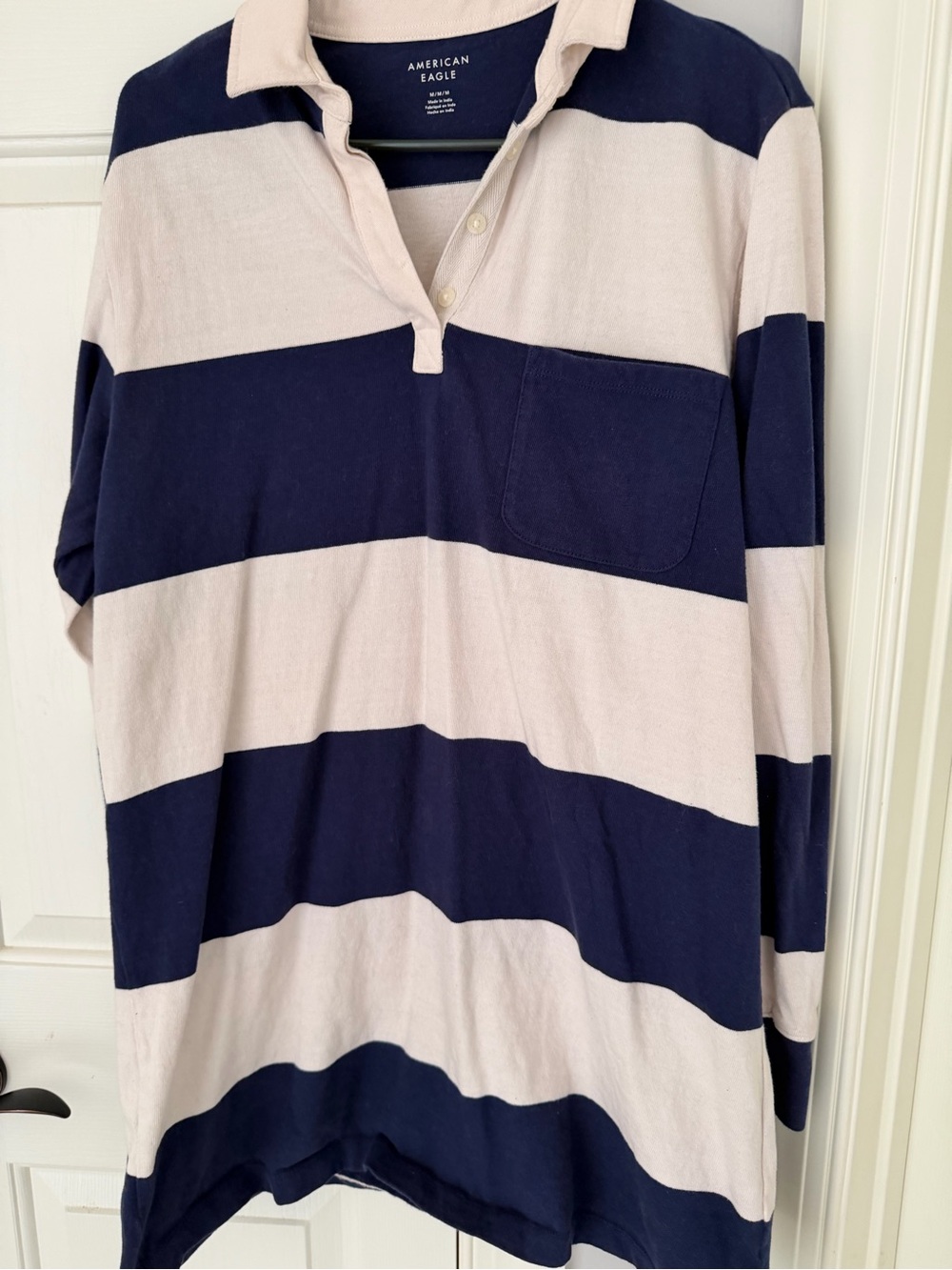 American Eagle Outfitters Navy and Cream Striped Rugby Top